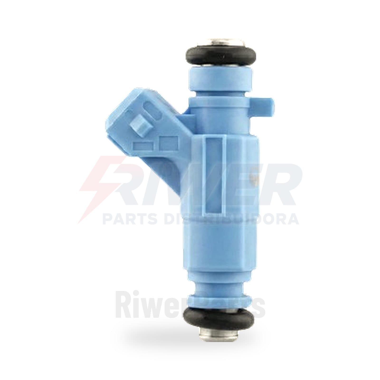 Bico injetor azul, vista principal com corpo, conector e dois anéis de vedação