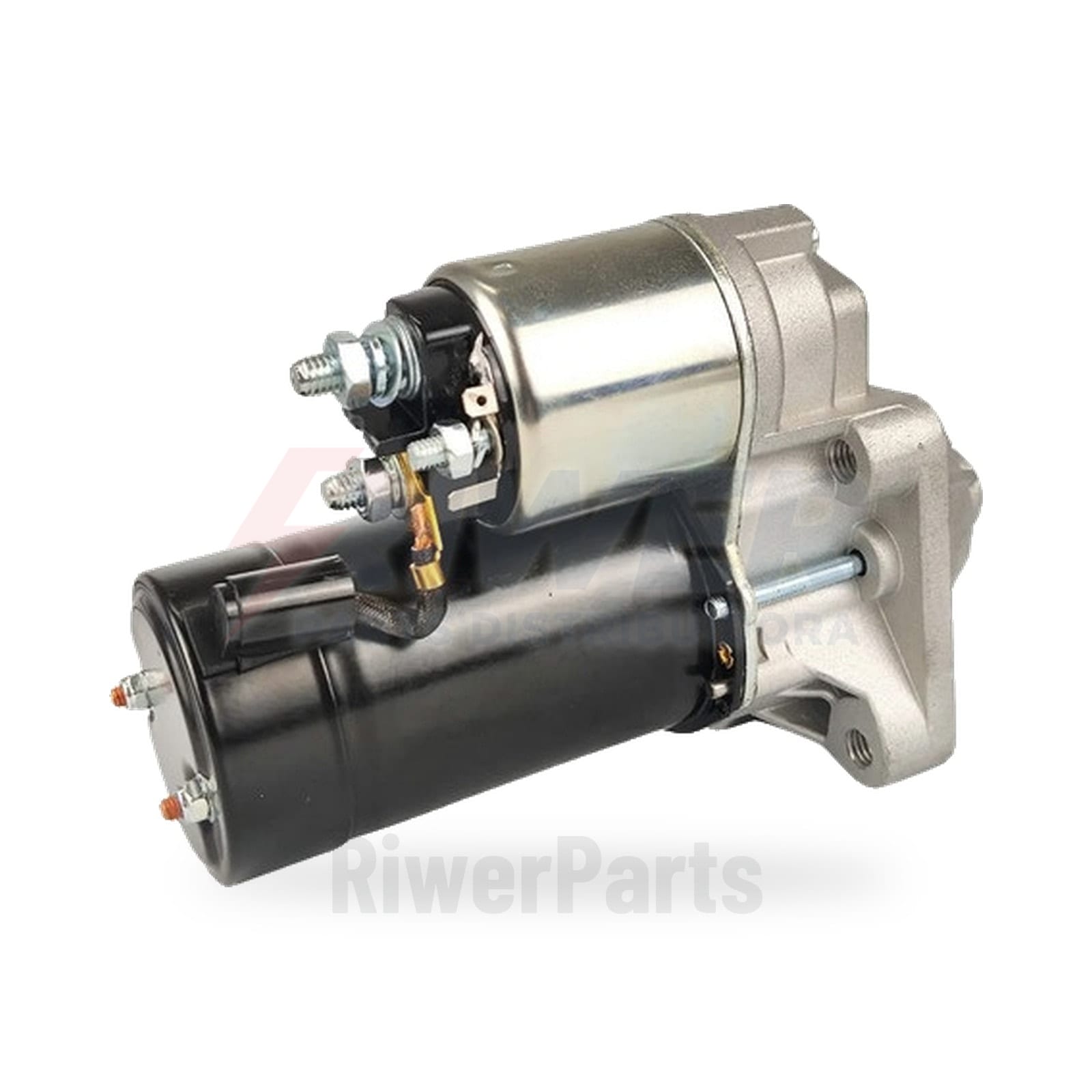Motor de partida 12 V, vista principal em três-quartos com terminais e flange de fixação