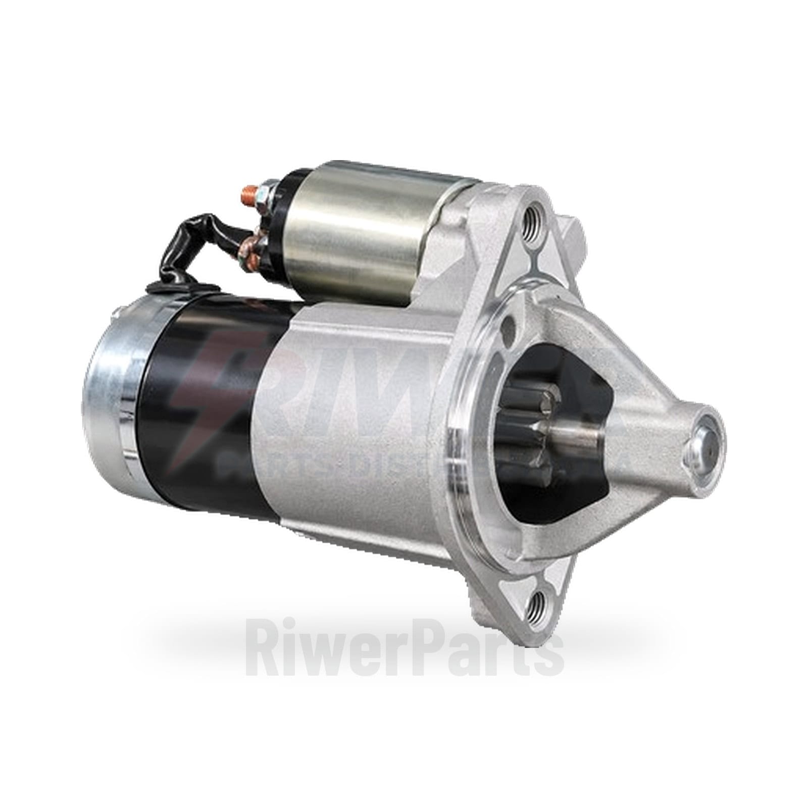 Motor de partida, vista em três-quartos com pinhão, flange e terminais