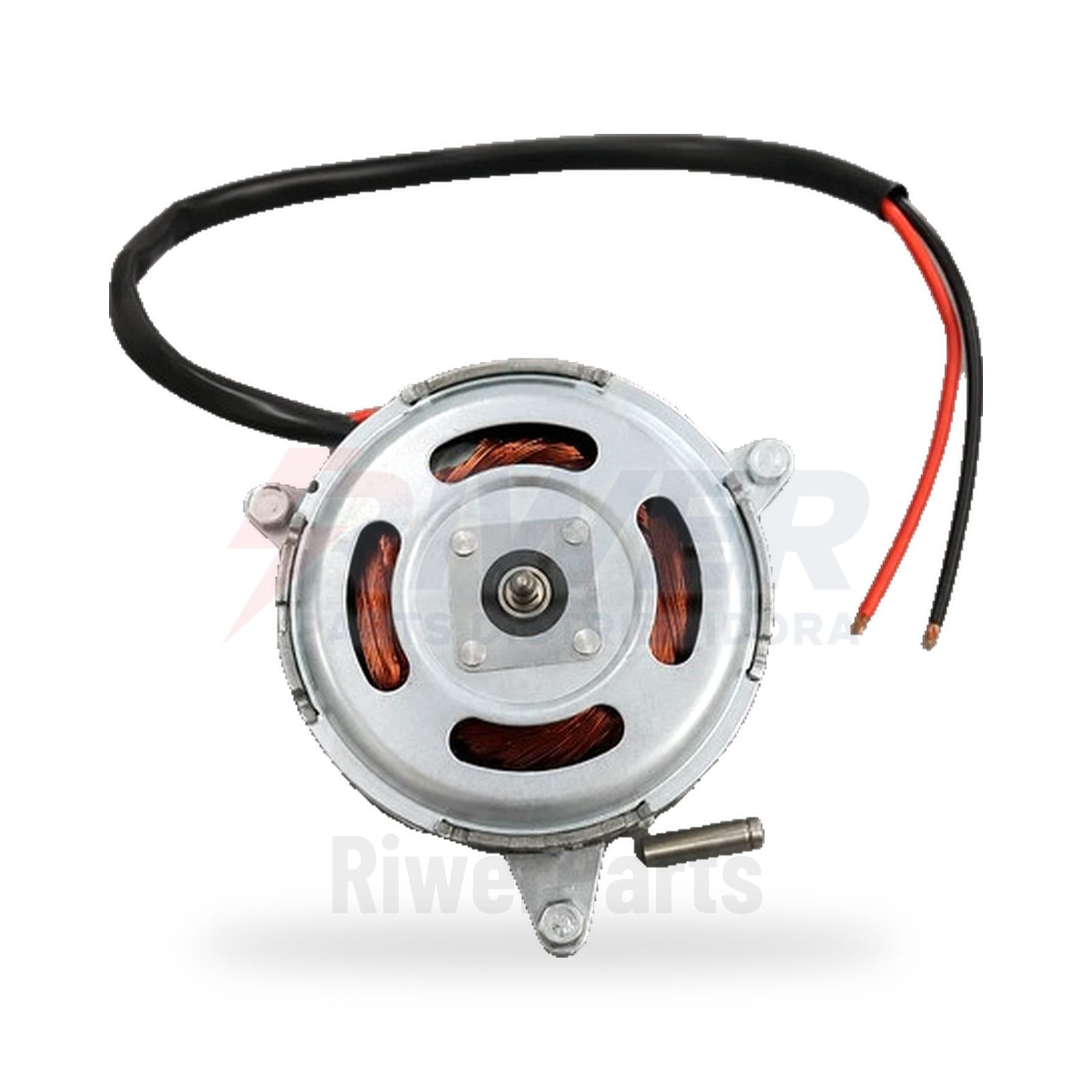Motor de ventoinha universal 12 V, vista frontal com eixo, bobinas e cabos