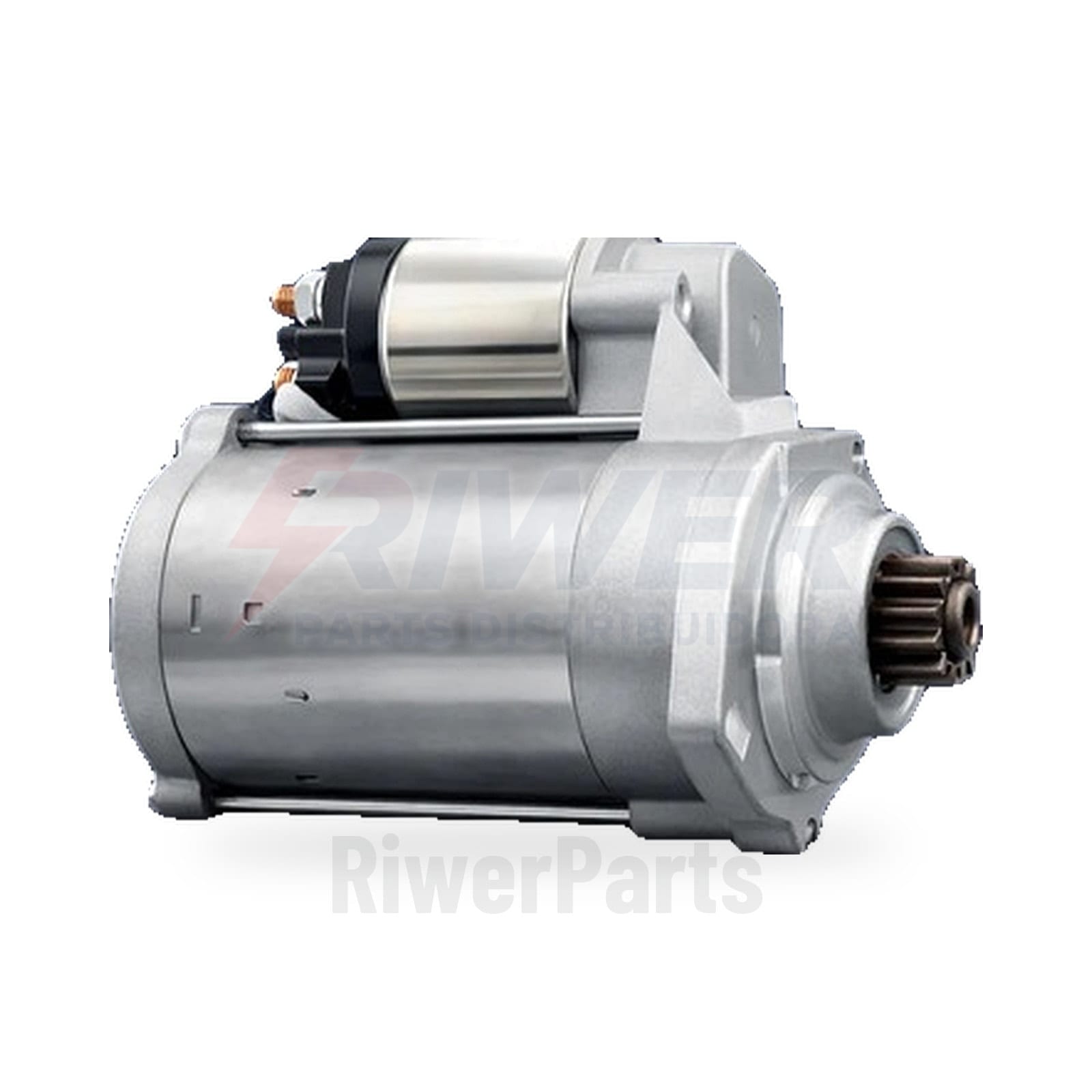 Motor de partida 12 V em vista três-quartos, com bendix de 9 dentes e terminais visíveis