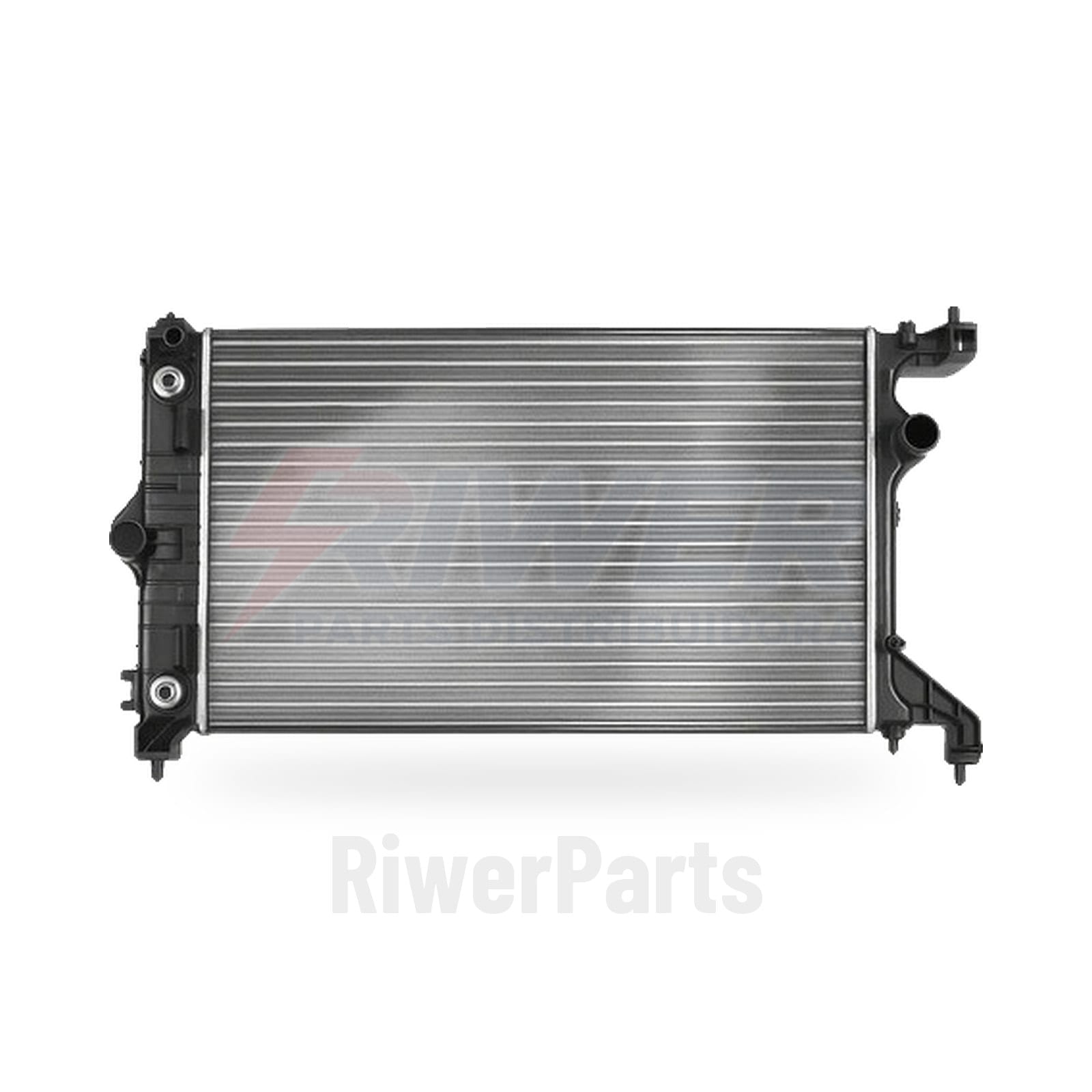 Radiador automotivo completo, vista frontal com bocais e suportes laterais